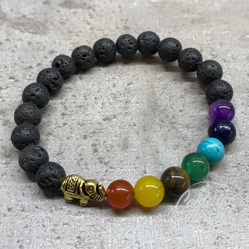 Pulseira Chacras Pedra Vulcânica e Elefante Pulseira Chacras Pedra Vulcânica e Elefante