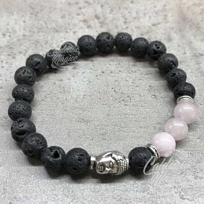 Pulseira Pedra Vulcânica e Quartzo Rosa