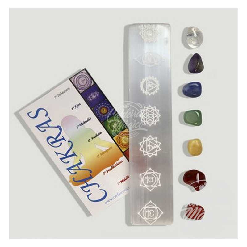 Conjunto Régua Selenite e Bolsa Cristais Chakras