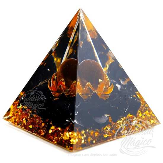 Pirâmide Orgonite Olho Tigre e Obsidiana - Flor de Lótus