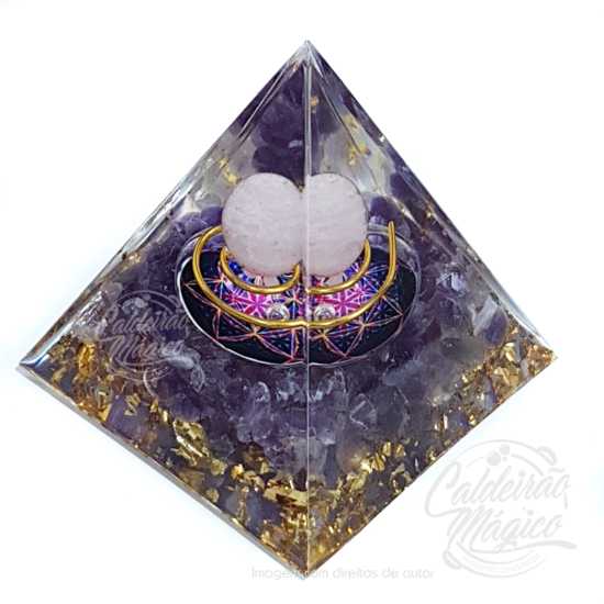 Pirâmide Orgonite Quartzo Rosa e Ametista - Mandala
