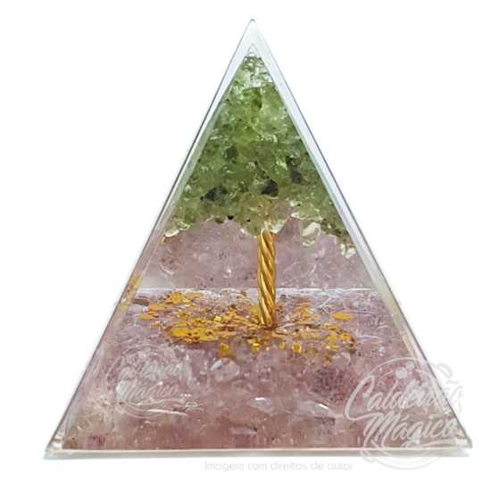 Pirâmide Orgonite Quartzo Rosa e Jade - Árvore da Vida